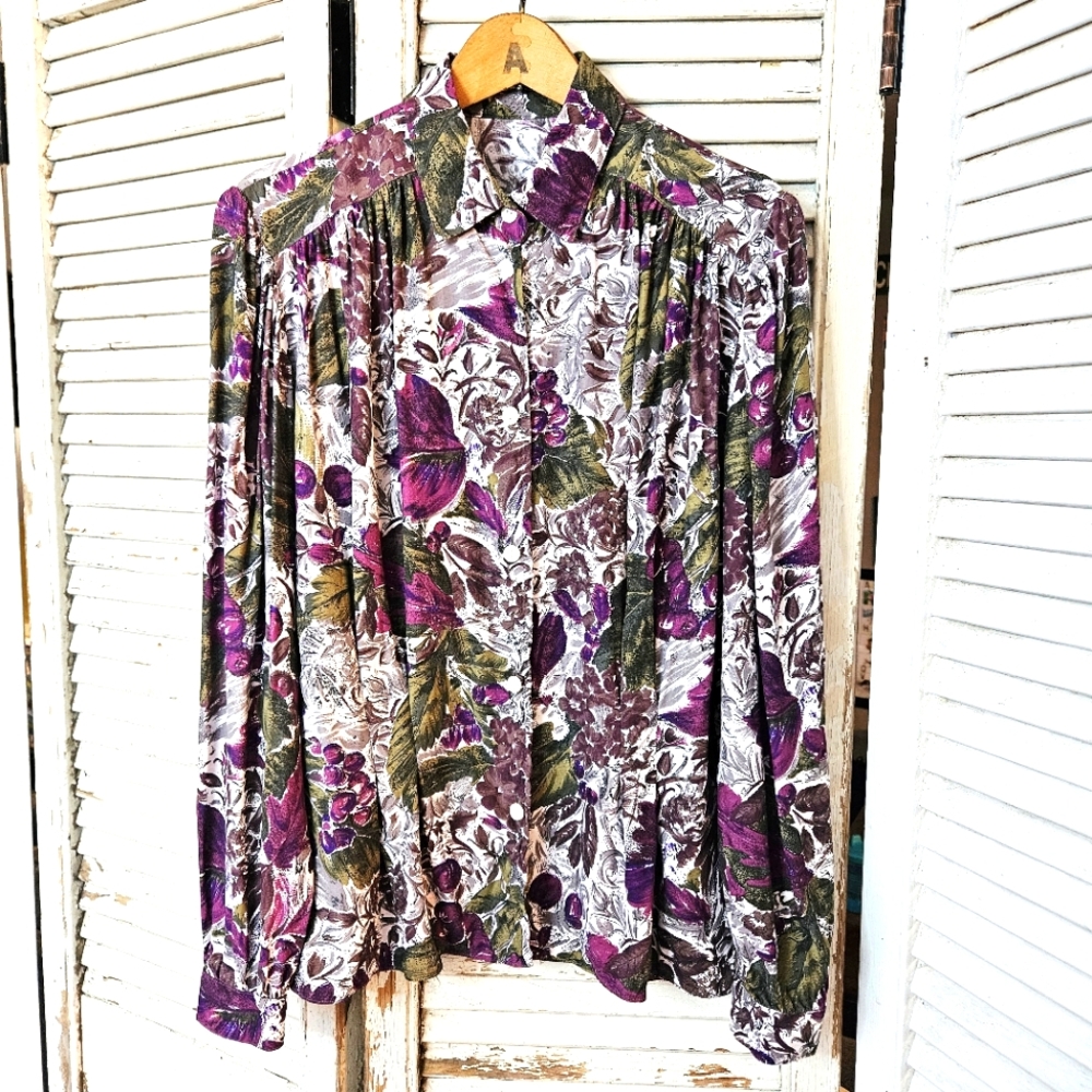 Vintage 80s Floral Tailored Waist Rayon Blouse Made In Germany Small/Medium